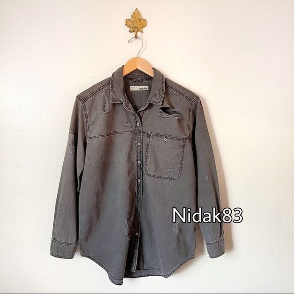 Topshop Moto Gray distressed button down shirt Size 10 preowned - Picture 1 of 10